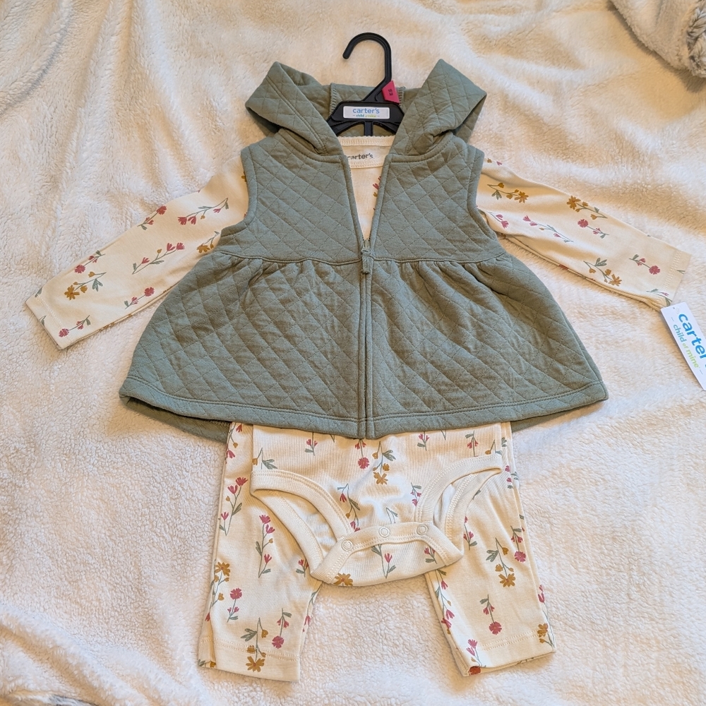 NWT Carter's Floral Bodysuit And Pants With Green Quilted Hooded Vest Set 18m